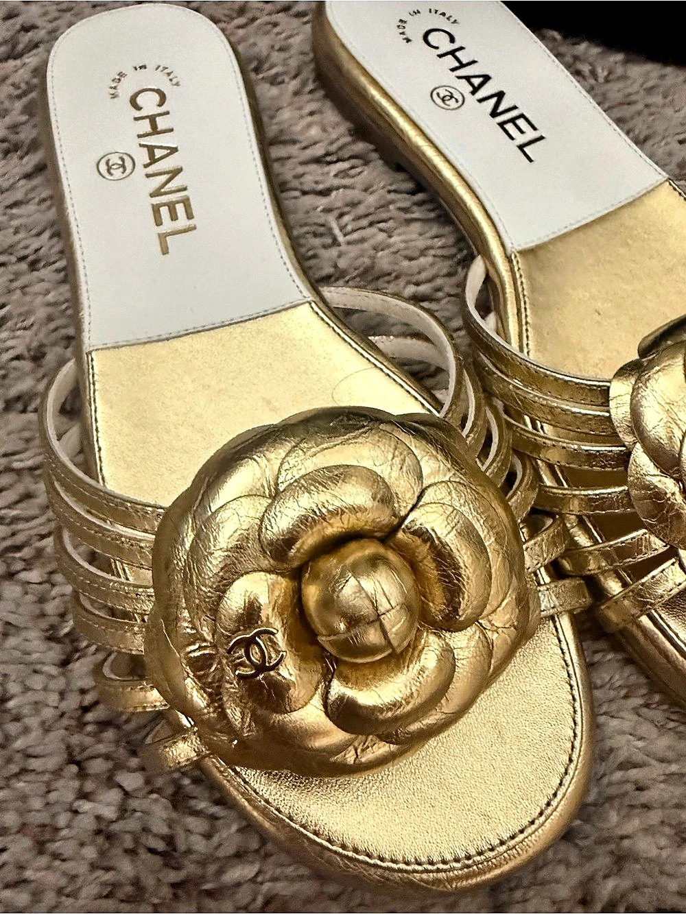 Chanel Gold Leather Camellia Slide Sandals - Picture 3 of 5